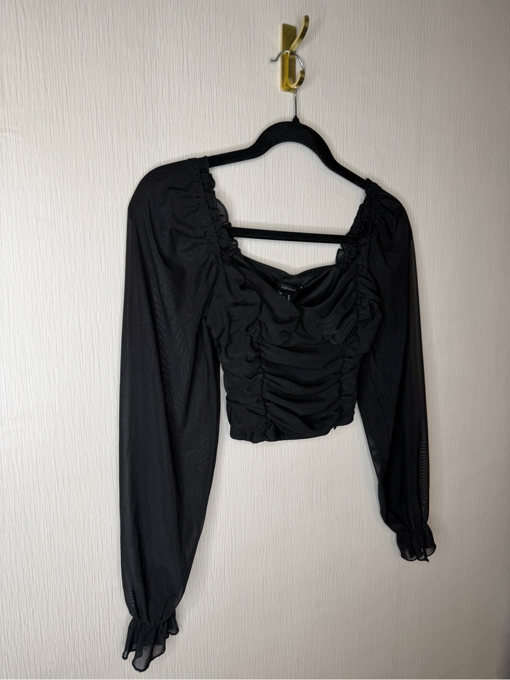 Forever 21 Black Mesh Sleeve Crop Top Ruched Corset Dark Romantic Whimsigoth M - Picture 4 of 7